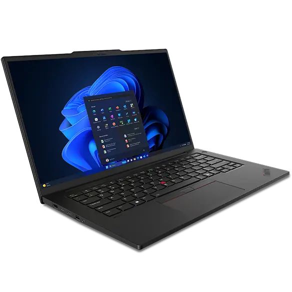 Front, left side view of Lenovo ThinkPad P14s Gen 5 (14 inch Intel) black laptop with lid opened at a wide angle, focusing its keyboard & display with Windows 11 Pro menu opened on the screen.