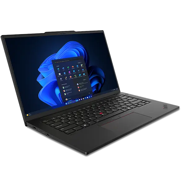 Front, left side view of Lenovo ThinkPad P14s Gen 5 (14 " Intel) black laptop with lid opened at a wide angle, focusing its keyboard & display with Windows 11 Pro menu opened on the screen.