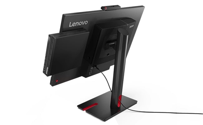 Lenovo ThinkCentre Tiny-in-One Monitor von hinten mit dem Lenovo ThinkCentre M70q Gen 5 Tiny PC, der an der Rückseite angebracht ist.