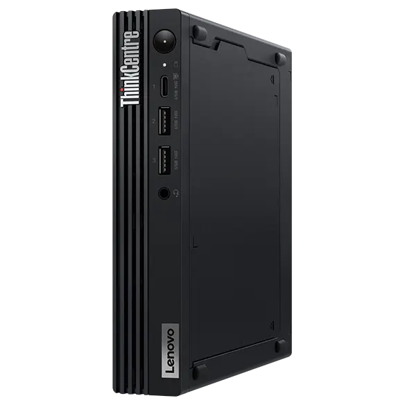 Right-side facing Lenovo ThinkCentre M60q Chromebox, showing Lenovo and ThinkCentre logos, plus ports