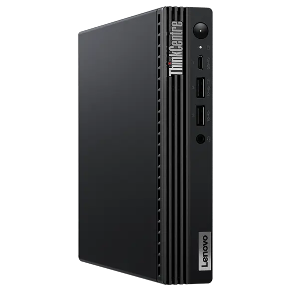 Forward-facing Lenovo ThinkCentre M70q Gen 4 Tiny (Intel) PC, at a slight angle, showing front panel & ports, Lenovo & ThinkCentre logos, & left-side panel