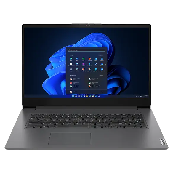 Lenovo V17 Gen 4 laptop: front view, lid open, Windows menu on the display