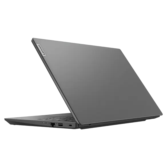Rear view of right-side of Lenovo V14 Gen 3 (14&quot; Intel) laptop, opened 45 degrees, showing top cover and part of keyboard