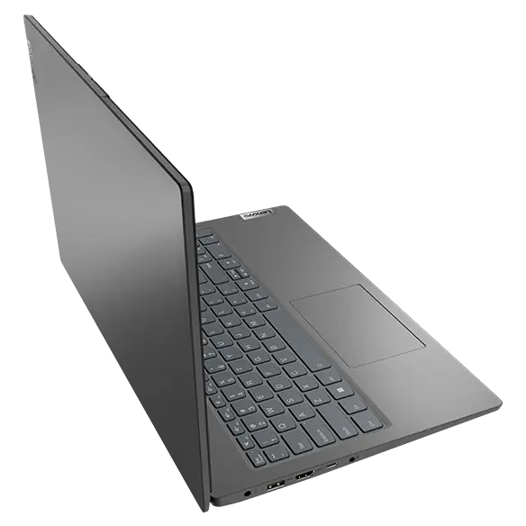 Left side view of Lenovo V15 Gen 3 (15” AMD) laptop, opened, showing front cover and part of keyboard