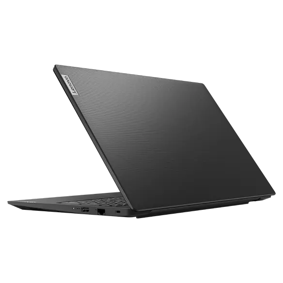 Rear side of Lenovo V15 Gen 4 laptop in Basic Black, showcasing top cover & left-side ports.