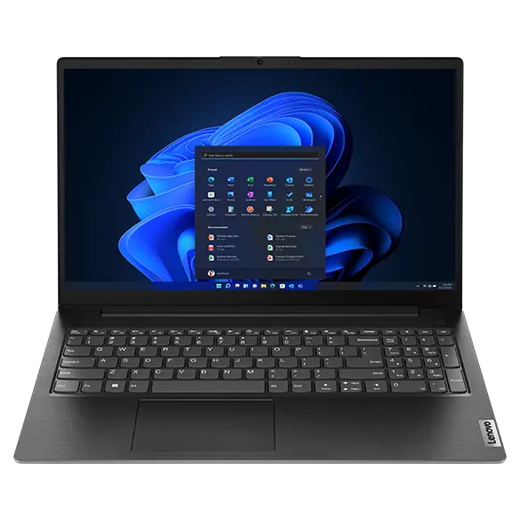 Front-facing Lenovo V15 Gen 4 15 inch laptop in Basic Black, showcasing keyboard & 15 inch display with Windows 11 Pro.