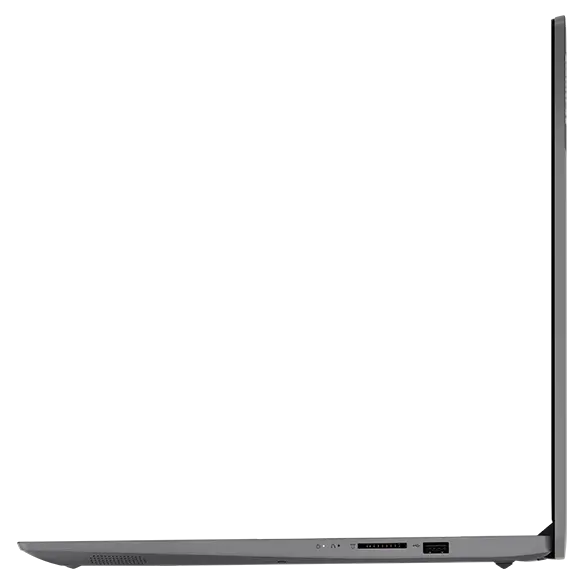 Left-side profile of Lenovo V17 Gen 3 laptop, open 90 degrees, showing edge of top cover & keyboard, & left-side ports