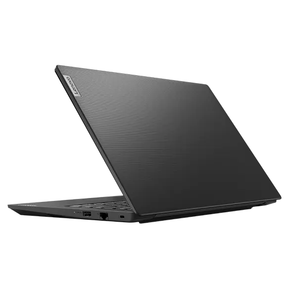 Rear view of the Lenovo V14 Gen 4 laptop in Business Black, open about 75 degrees.