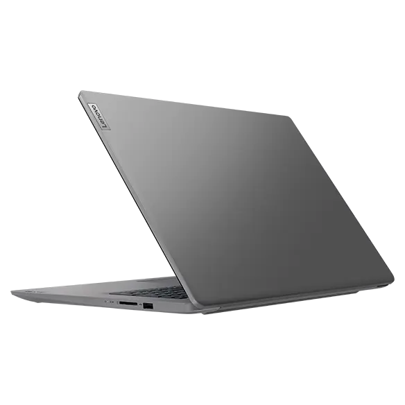 Rear-facing left-side profile of Lenovo V17 Gen 3 laptop, open 45 degrees, showing edges of part of keyboard, top cover, & left-side ports
