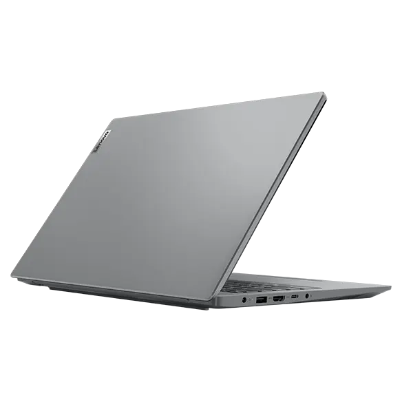 Rear side of Lenovo V15 Gen 4 laptop in Arctic Grey, showcasing top cover & right-side ports.