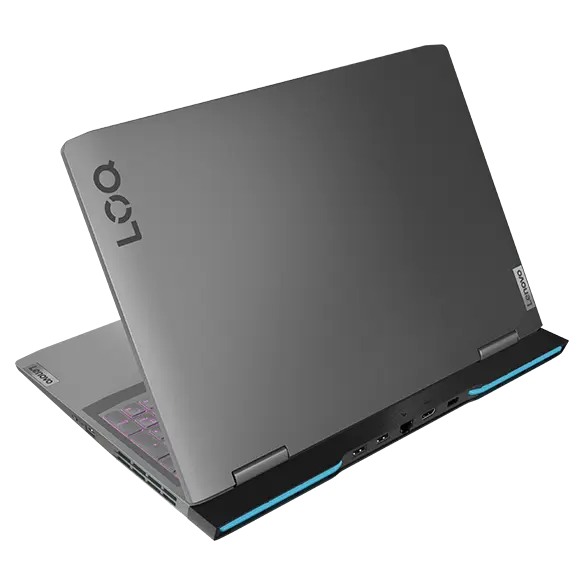 Lenovo LOQ 16APH8 laptop facing left with view of back ports and RGB backlit keyboard