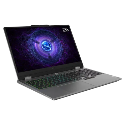Vista frontal izquierda del portátil para videojuegos Lenovo LOQ 15IRX9 con la tapa abierta, mostrando el logotipo LOQ en la pantalla