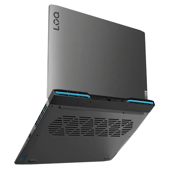 Lenovo LOQ 16IRH8 gaming laptop—rear-right view, angled to also show bottom of unit, lid open