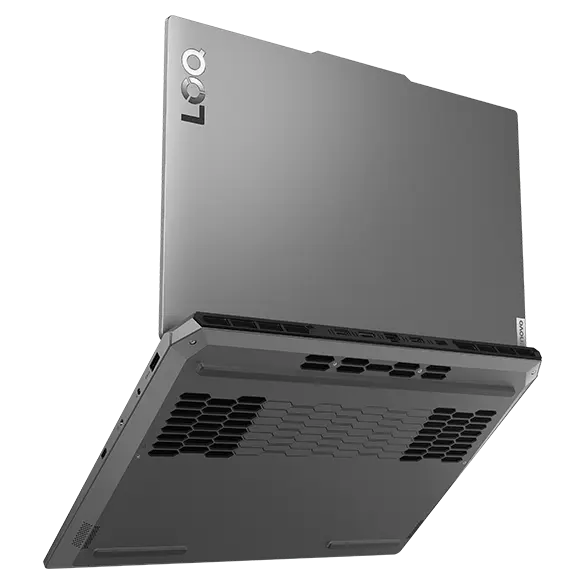 Lenovo LOQ 15IAX9 gaming laptop – rear view, lid slightly open, with LOQ logo on top cover & vents on rear cover