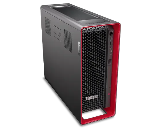 Aerial view of left-side facing Lenovo ThinkStation P7 workstation, showing iconic ThinkPad red casing, front ports, & top panel