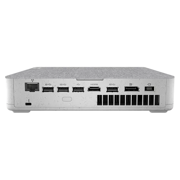 On the back of the Lenovo IdeaCentre Mini Gen 7 desktop, there are lots of ports including HDMI, DisplayPort, ethernet & several USBs.