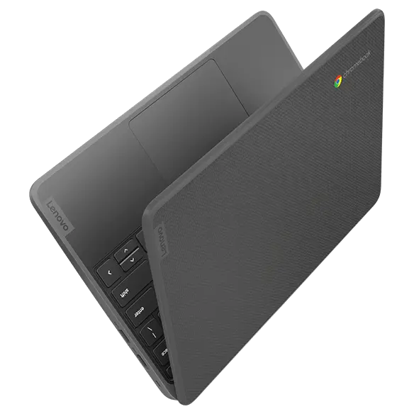 Lenovo 100e Chromebook Gen 4 (11.6” Intel) partly open, depiction of thin and lightweight device