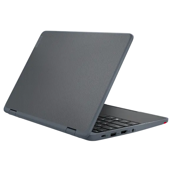 Lenovo 300w Yoga Gen 4 (11” Intel) 2-in-1 laptop – left rear view in laptop mode, with lid partially open
