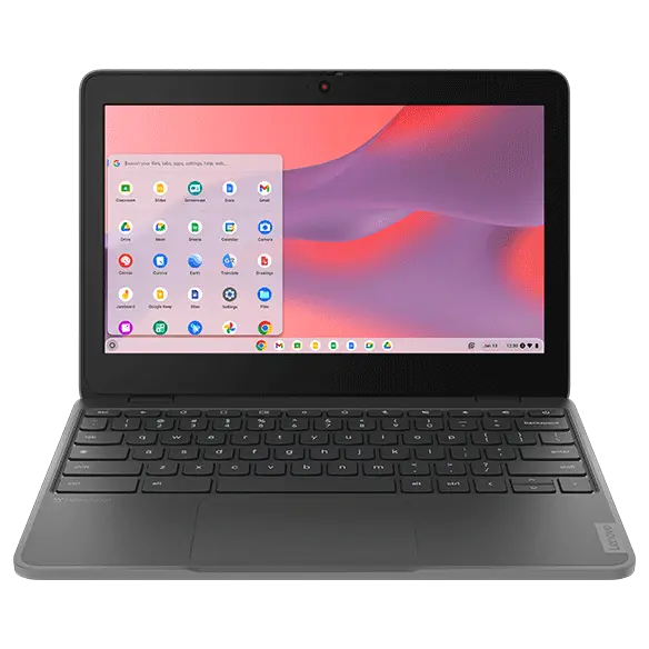 Lenovo 100e Chromebook Gen 4 (11.6” Intel) front facing with home screen on display