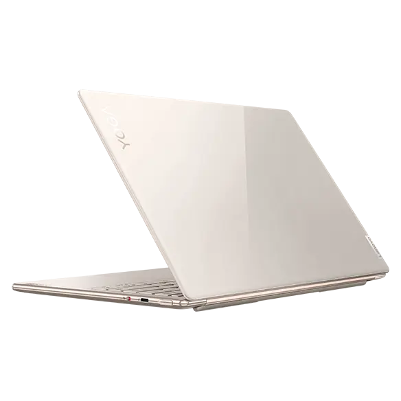 Rear facing Lenovo Yoga Slim 9i Gen 7 (14″ Intel) laptop, opened slightly at an angle, showing front cover and partial keyboard