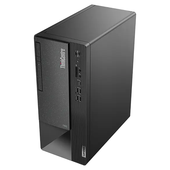 The front and right sides of theThinkCentre Neo 50t Gen 4 (Intel) business tower, viewed from a high angle