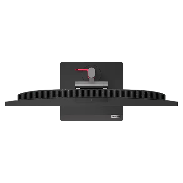 Aerial view of ThinkCentre Neo 50a all-in-one PC, showing edge of display with Windows 11 start-up, base of monitor stand, & phone holder