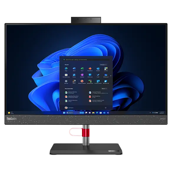 Front-facing ThinkCentre Neo 50a all-in-one PC, showing display with Windows 11 start-up, monitor stand, & smart cable clip