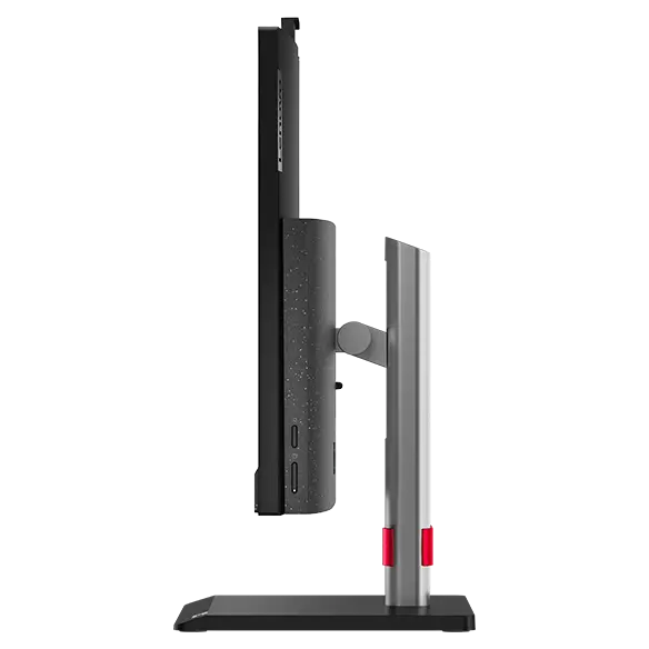 Right-side profile ThinkCentre Neo 50a all-in-one PC, showing edge of display & monitor stand, plus phone holder & ports.Right-side profile ThinkCentre Neo 50a all-in-one PC, showing edge of display & monitor stand, plus phone holder & ports.