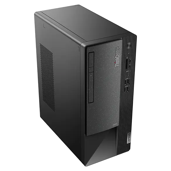 The front and left sides side of the ThinkCentre Neo 50t Gen 4 (Intel) business tower, viewed at eye-level