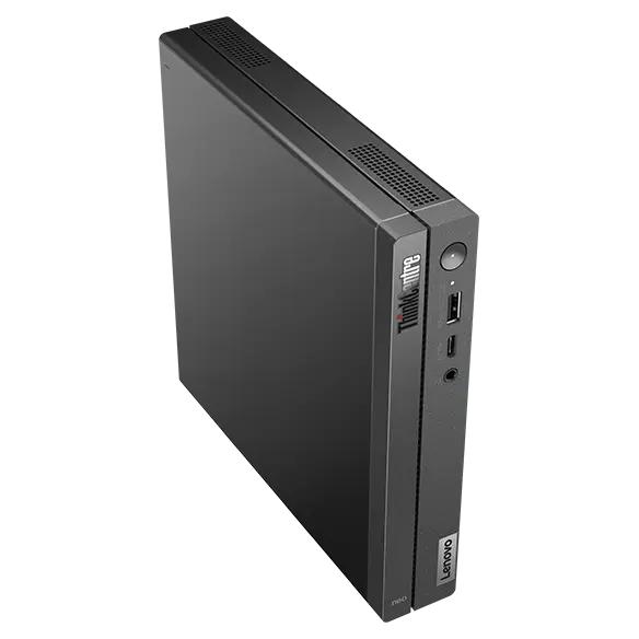 Aerial view of side-facing Lenovo ThinkCentre Neo 50q Gen 4 Tiny (Intel) stood vertically, showing front, top, & right-side panels