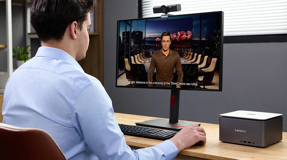 Lenovo ThinkCentre Neo Ultra USFF mit einem KI-gestützten Tutorial-Video.