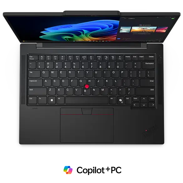 Overhead shot of the redesigned keyboard on the Lenovo ThinkPad T14s Gen 6 laptop, with TrackPad & TrackPoint.