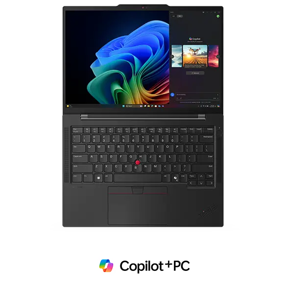 Overhead shot of the Lenovo ThinkPad T14s Gen 6 laptop open 180 degrees, showcasing the keyboard & display with Microsoft Copilot.