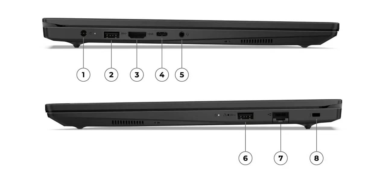 Right and left side profile of closed Lenovo V15 Gen 5 (Intel 15 inch) laptop in Business Black, showcasing ports.