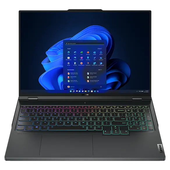 Legion Pro 7i Gen 8 (16” Intel) front facing with view of keyboard with RGB lighting