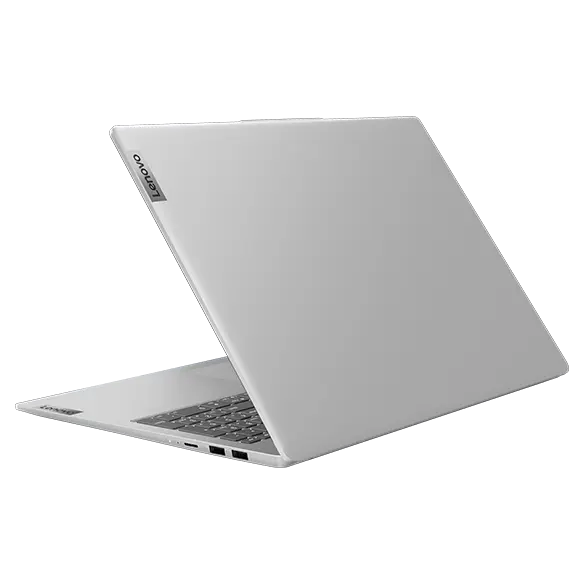 Rear facing IdeaPad Slim 5i Gen 8 laptop at an angle, showing top cover, right-side ports & part of keyboard