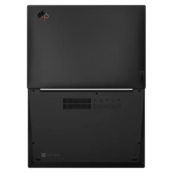 Lenovo ThinkPad X1 Carbon laptop with carbon-fiber weave: Right-rear view, lid partially open