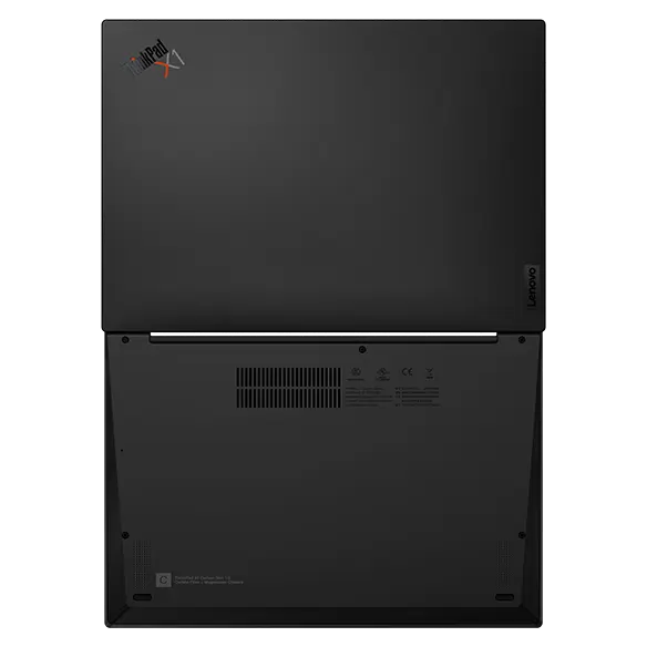 Overhead shot of the bottom side of the Lenovo ThinkPad X1 Carbon Gen 10 laptop open 180 degrees.