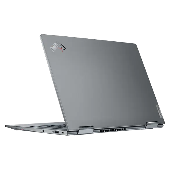 Rear view of the Lenovo ThinkPad X1 Yoga Gen 8 2-in-1 with cover open, showcasing the Storm Grey color.