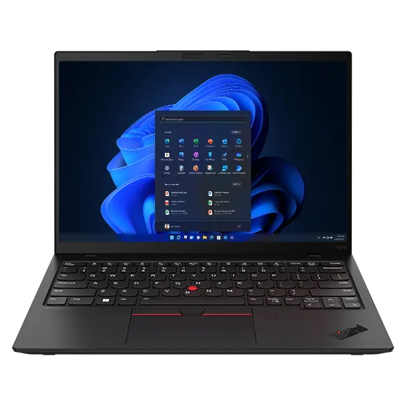 Front-facing 13 inch Lenovo ThinkPad X1 Nano Gen 3 laptop showcasing Windows 11 Pro Start menu. 