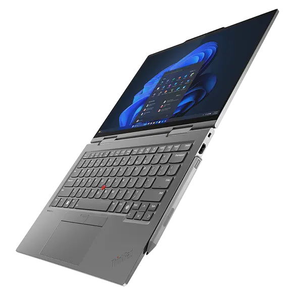 Floating right-side view of the Lenovo ThinkPad X1 2-in-1 convertible laptop open 180 degrees, showcasing magnetic pen attached to keyboard side.