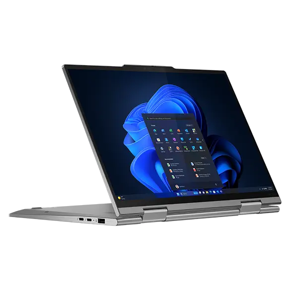 Front-facing Lenovo ThinkPad X1 2-in-1 convertible laptop folded back on itself in stand mode, angled to show left-side ports.