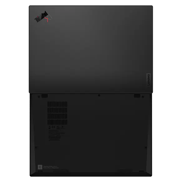 Bottom & top covers on the Lenovo ThinkPad X1 Nano Gen 3 laptop open 180 degrees. 