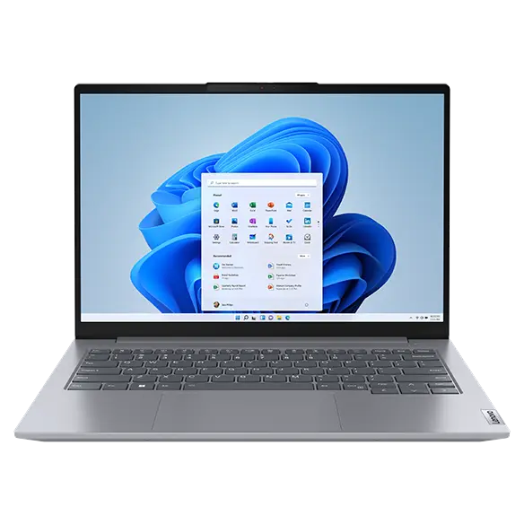 ThinkBook 14 Gen 6 (14″ Intel) laptop—front view, lid open, with Windows menu on the display