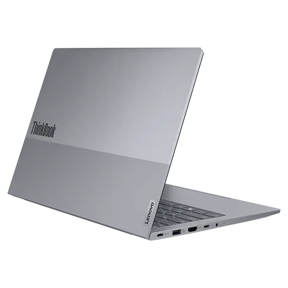 Rear-facing Lenovo ThinkBook 14 Gen 6 laptop showcasing dual-toned top cover with left-side ports.