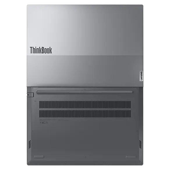 Rear, top view of Lenovo ThinkBook 16 Gen 7 (16 inch Intel) laptop opened at 180 degrees, focusing its top cover highlighting the ThinkBook logo & bottom cover highlighting its vents.