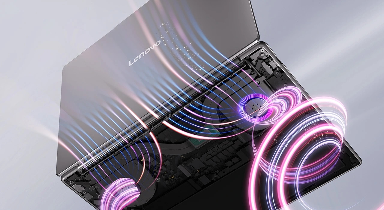 Lenovo Yoga Pro 7 Gen 9 Laptop (14" AMD) — Internal view below, with purple and blue circle graphics representing airflow from the fans.