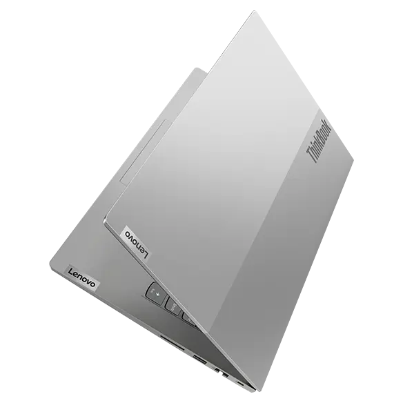 Back right angle view of the Lenovo ThinkBook 14 Gen 4 (Intel) laptop, partial opened, showing the cover and part of the keyboard