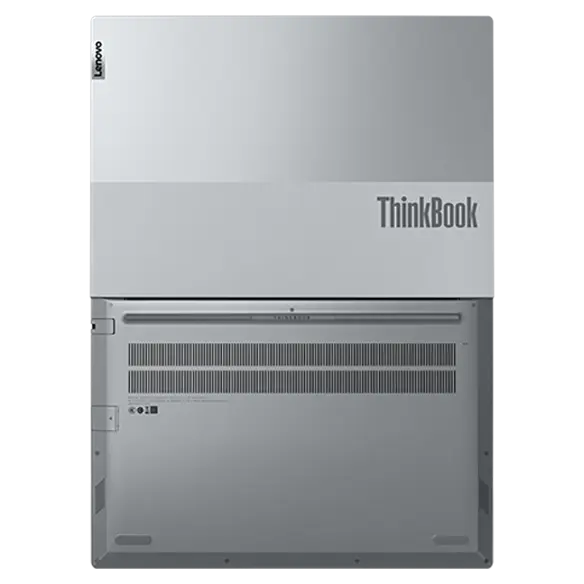 Bottom side of Lenovo ThinkBook 16 Gen 4 laptop open 180 degrees.