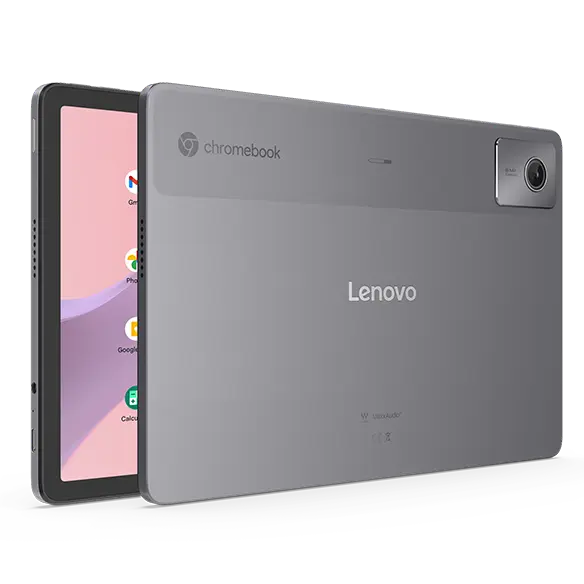Back and side view of the Lenovo Chromebook Duet Gen 9 (11″ MediaTek). The device shows the Lenovo and Chromebook logos, a rear camera, and a portion of the screen displaying app icons on a pink and purple gradient background.